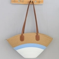 Three-color woven shoulder bag in beige, light blue, and white with brown leather strap - Khaki, Blue, and White