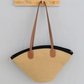 Handwoven straw shoulder bag in light beige with black trim and brown leather strap - Khaki with Black Trim