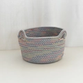 Cesta de cuerda de algodón gris con costuras de arco iris y asas dobles integradas - Estilo Pequeño (18x10cm) / Gris Claro con Hilo de Color