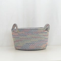 Cesta de cuerda de algodón gris claro con orejas de gato y costuras en zigzag de colores - Estilo Mediano (21x12cm) / Gris Claro con Hilo de Color