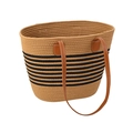 Minimalist beige woven tote bag with black stripes and brown leather handles - Fashion Striped Khaki / 39x26x14x28