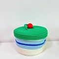 Detail of handwoven cotton rope storage basket with green lid and red bead handle - Green Lid