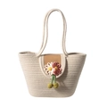 Beige woven straw tote bag featuring floral 3D texture and green cherry charms decoration - Off-White with Bicolor Pink Flower / M