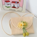 Cute beige woven crossbody bag with decorative flowers and slim shoulder strap for girls - Horizontal Style Off-white Green Flower