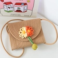 Khaki woven crossbody phone bag with 3D sunflower decor and green charm for girls - Horizontal Style Khaki Orange Flower