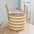 Detail of hand-woven straw basket with dual handles and waterproof plastic liner - 28*23 / Straight Medium Style