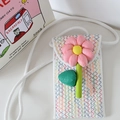 Cute white woven phone bag with pink 3D flower and colorful wave embroidery detail - Vertical Style White Rainbow Pink Flower