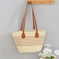 Stro-tas in beige met lichtbruine strepen en leren schouderbanden voor dames - 40*25 / Crème Koffie Gestreept