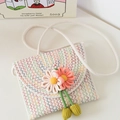 Handmade crochet crossbody bag in cream with colorful wave patterns and floral decor - Horizontal Style White Rainbow Pink Flower