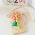 Beige gewebte Handytasche mit großer 3D-Stoffblume in Pfirsichfarben und Gelb - Vertikale Off-White Fleischrosa Blume