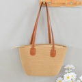 Large capacity woven straw tote bag with brown leather handles and zipper for summer - 40*25 / Khaki