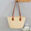 Large beige woven straw tote bag with brown leather handles for summer beach holidays - 40*25 / Off White