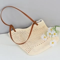 Detail of woven mesh tote bag with beige cotton cord and brown leather shoulder straps - Large / Beige