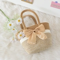 Khaki and white striped woven handbag with a large gold bow detail on plush background - Khaki + Bow / 31x19x7cm