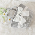 Striped grey and white woven cotton handbag featuring a large white decorative silk bow - Gray + Bow / 31x19x7cm