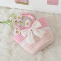 Pink and white striped woven tote bag with a large white silk bow and round handles - Pink + Bow / 31x19x7cm