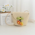Borsa a tracolla in paglia beige con fiocco verde e fiori decorativi estivi - Larghezza superiore 25 Altezza 15 Spessore 8 / Bianco sporco con fiore arancione