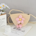 Mini beige geweven katoenen emmertas met roze smiley bloem en een schouderriem - Eén maat / Beige Roze Glimlach Bloem