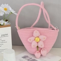 Handgemaakte roze geweven mini bucket bag met schattige bloem voor strandvakantie - Eén maat / Roze Roze Glimlach Bloem