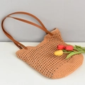 Light brown woven beach tote bag with brown faux leather handles and tulip decor - Large / Khaki