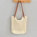 Beige woven straw tote bag with brown faux leather straps for summer beach holidays - Small / Beige