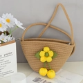 Mini tan woven cotton bucket bag featuring yellow flower and green cherry accents - One Size / Khaki Yellow Flower With Leaf