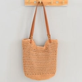 Woven straw beach tote bag in khaki with brown leather straps and metal rivets - Small / Khaki