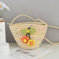Mini beige woven straw bucket bag with colorful floral charms and green bow decoration - One Size / Beige Polka Dot Orange Flower