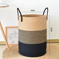 Detail van driekleurige katoenen touw wasmand met afmetingen van 40x55cm voor thuis - Groot (40*55) / Khaki + Zwart Triple Mix