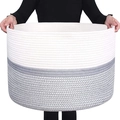 Large capacity round cotton rope laundry basket in white and gray woven two-tone style - White and Flower Gray