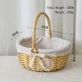 Detailed size specifications of natural wicker flower basket with white lace fabric liner - Half Willow Handbasket with Liner and Crochet Flower (33*28*14)