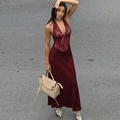 Elegante dieprode maxi-jurk met kant, V-hals en zijdeachtige satijnen rok voor dames - Bordeauxrood