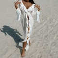 White beach cover-up dress with deep V-neck and ruffled lace details for summer vacation - S / White