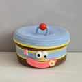 Three-color cotton woven storage basket with lid and cute cartoon face decorations - Blue Lid - Smiling Face