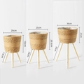 Three-piece set of woven seagrass plant pots with natural wooden tripod legs - Seagrass Three Items Collection