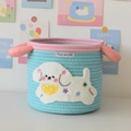 Blue hand-woven cotton storage basket with pink long-ear handles and cute puppy design - Cyan Puppy (22*19)