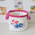 Handwoven cream storage basket with pink handles and cute puppy patch embroidery - White Spotted Pink Puppy (22*19)