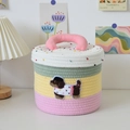 Three-layer woven cotton rope storage basket with cartoon dog patch and lid - Green Yellow Pink Mix With Spotted Dog (22*19)