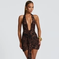 Mini robe dos nu sexy imprimé léopard avec col en V profond et détails froncés pour femme - S / Imprimé léopard