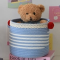 Blue and white striped woven cotton rope basket with red pom poms and lace trim detail - Blue White Stripe With Lace Edge (22*19)