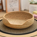 Handwoven straw cat bed in natural and green grass tones with circular pet cushion design - Small (34cm) / Cat Face Khaki Nest