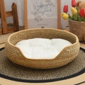 Handwoven straw cat bed with thick white quilted cushion for year-round pet comfort - Small (34cm) / Khaki Nest + White Cushion