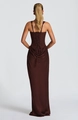 Detail of elegant back view showing the corset-style lace-up closure on the brown dress - S / Brown (Lace-up Back)