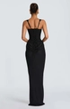 Elegant black backless satin maxi dress with lace-up corset detail and slim fit - S / Black (Lace-up Back)