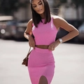 Bright pink ribbed knit two-piece set featuring a cropped tank top and high slit maxi skirt - XL / Top And Bottom / Pink