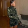 Detail of artistic tie-dye pattern on slim-fit mock neck long sleeve dress - S / Dark Green