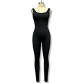 Sleeveless black sports catsuit with U-neck slim fit design for yoga and fitness wear - Black