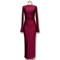 Vestido maxi ajustado burdeos con mangas acampanadas y elegantes pliegues de cintura - S / Marrón Rojo