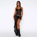 Sexy abito lungo in pizzo nero trasparente con scollo all'americana e orlo asimmetrico - S / Nero