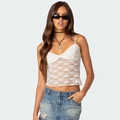 Dettaglio canotta in pizzo bianco con scollo a V e motivi floreali per donna - S / Bianco